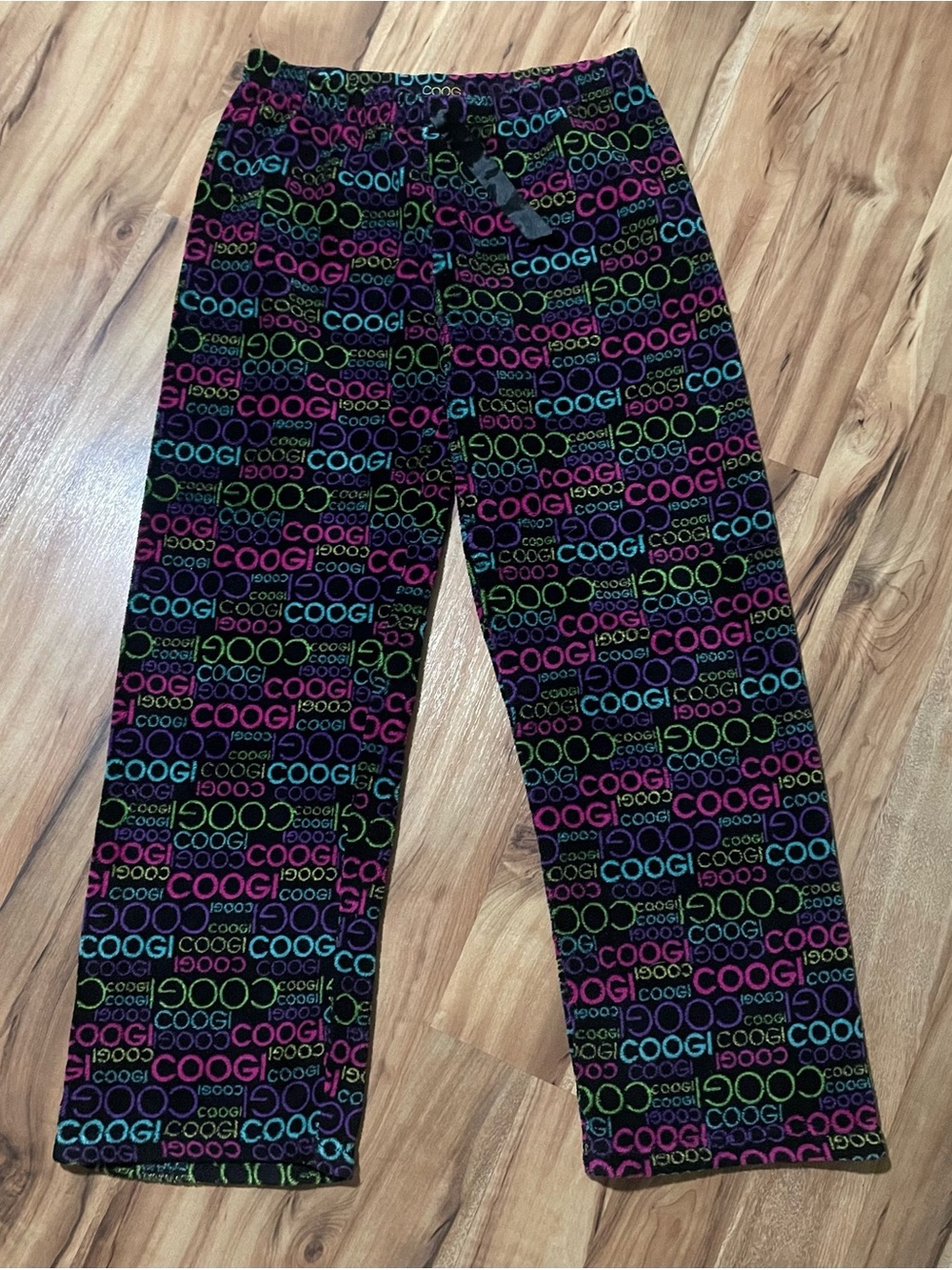 Y2K COOGI Spellout Logo Pajama Pants Black Neon Print Lounge Pants L